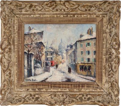 une peinture à l'huile représentant une scène de rue avec des bâtiments et un bus rouge
