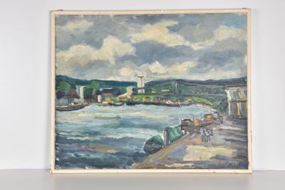 ERICK FERON - XX° siècle Vue maritime avec un pont - Photo 1