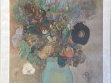 a painting of flowers in a blue vase on a table