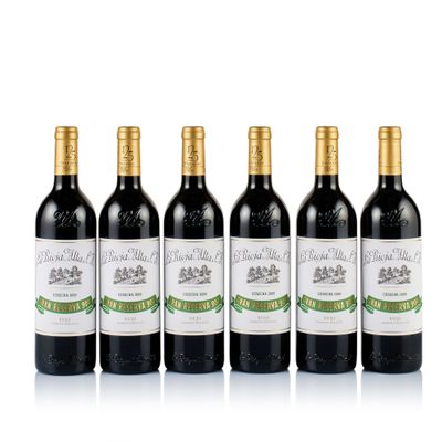 six bottles of red wine lined up in a row