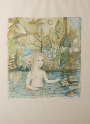 un dessin représentant une femme assise dans un plan d'eau