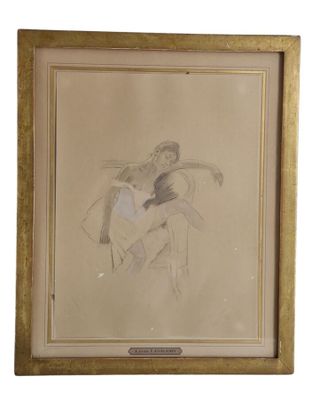 a drawing of a woman sitting on a chair with her arm around a man ' s shoulder