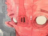 a drawing of a red robot with big eyes