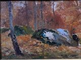 a painting of a rock in the woods by a tree