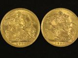 two gold sovereigns, one with a horse and the other with a man on a horse