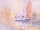 a painting of a boat in the water near a shore