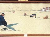 a painting of a man sitting on the ground with cows in the background