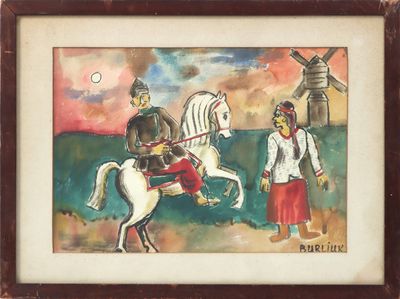 painting of a man riding a horse with a woman standing beside him