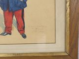 painting of a man in a blue coat and red pants standing in front of a white wall