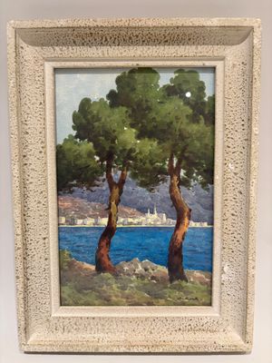 an oil painting of two trees in front of a body of water