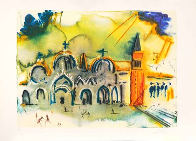 une aquarelle représentant un bâtiment avec une tour horloge