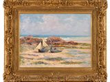 an image of a painting of a sailboat on the beach