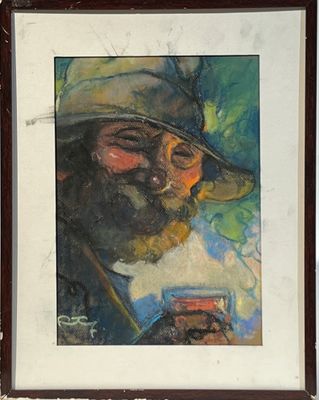 tableau représentant un homme barbu, coiffé d'un chapeau, en train de fumer une cigarette