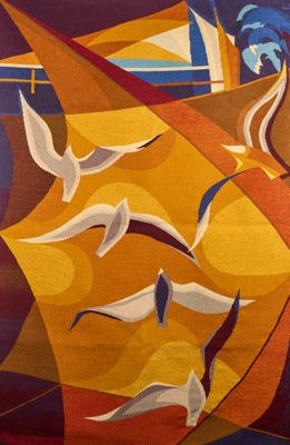 un tableau représentant un voilier autour duquel volent de nombreux oiseaux
