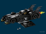 lego batman batmobile with a bat logo on the side of the batmobile