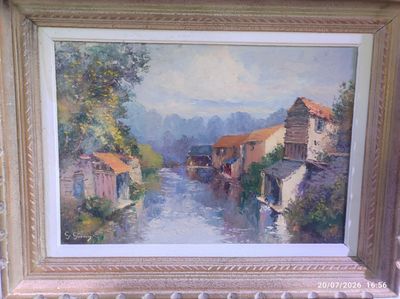 une photo d'un tableau représentant une rivière, dans un cadre