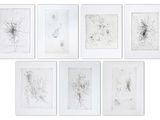un ensemble de six dessins encadrés, de formes et de tailles variées