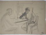 drawing of a man and woman sitting at a table in front of a window