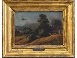 an oil painting of a farm scene with cows in a field