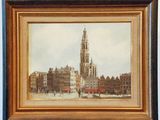 painting of a view of a city with a clock tower in the background