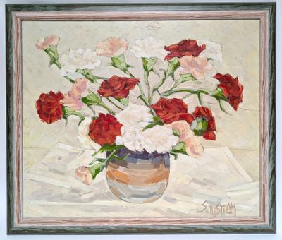 a painting of flowers in a vase on a table