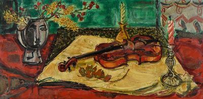 a painting of a violin on a table with a vase of flowers