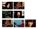 several pictures of a woman in a red dress and a man in a black suit
