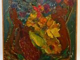 une peinture à l'huile représentant des fleurs dans un vase sur une table