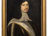 a painting of a man in a black coat and white collar