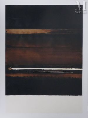 une peinture abstraite composée de rayures marron et noires sur fond blanc