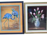 two paintings of flamingos and tulips in a vase on a table