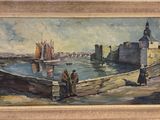 an oil painting of a harbor scene with people standing on the dock