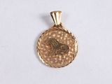 a close up of a gold pendant with a horse on it