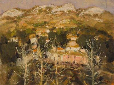 une peinture à l'huile représentant un paysage avec des arbres et des collines en arrière-plan