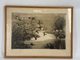 painting of a flock of ducks flying over a river in a forest