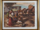 painting of two women and a dog in front of a horse drawn carriage