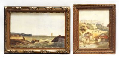two framed paintings of a village and a village by a river
