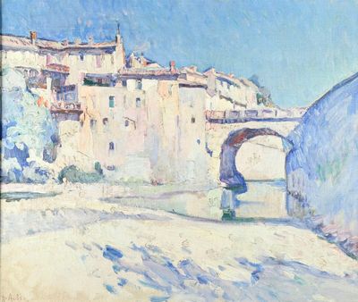 an image of a painting of a village with a bridge