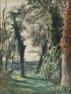 une image représentant un tableau d'un paysage boisé avec des arbres et de l'herbe