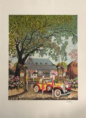 une photo d'un tableau représentant un homme et une femme debout devant une voiture