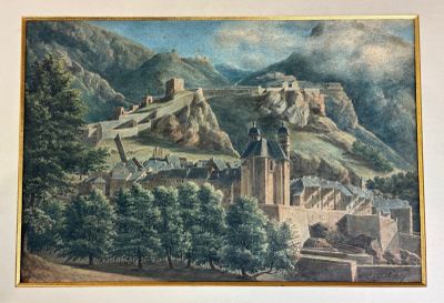 a picture of a painting of a castle on a hill