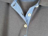 polo shirt with a blue collar and two buttons on a hanger