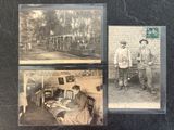 three old black and white photos of a man and a woman sitting at a table