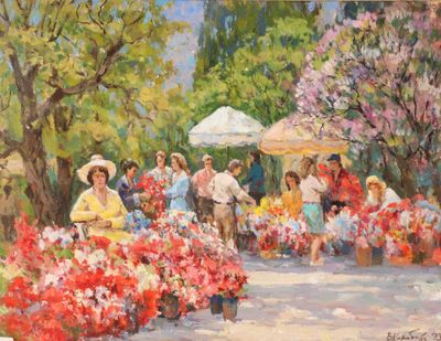 tableau représentant un marché aux fleurs où des gens vendent des fleurs et des parapluies