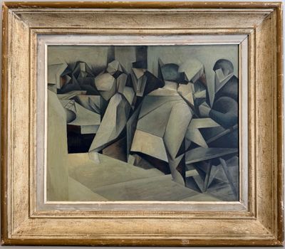 une peinture à l'huile représentant un groupe de personnes dans une pièce