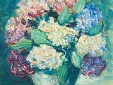 une peinture à l'huile représentant un vase de fleurs sur une table