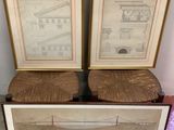 two framed pictures of a bridge and a bench in a room