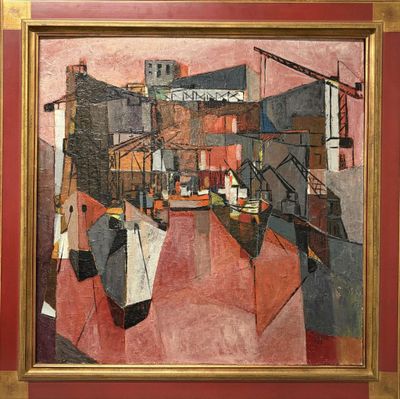 une image représentant un tableau d'une ville sur fond rouge