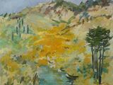 an oil painting of a mountain scene with trees and a stream