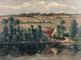 tableau représentant une scène fluviale avec une maison et un bateau au premier plan